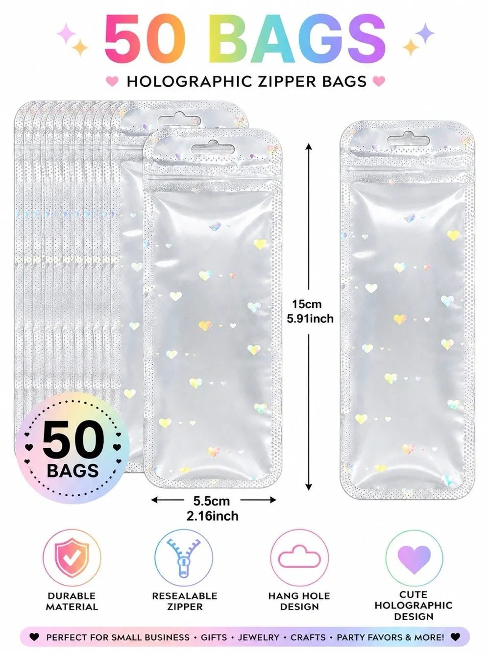 50 Holographic Heart Zipper Bags 2.16 x 5.91 Inch Resealable Packaging